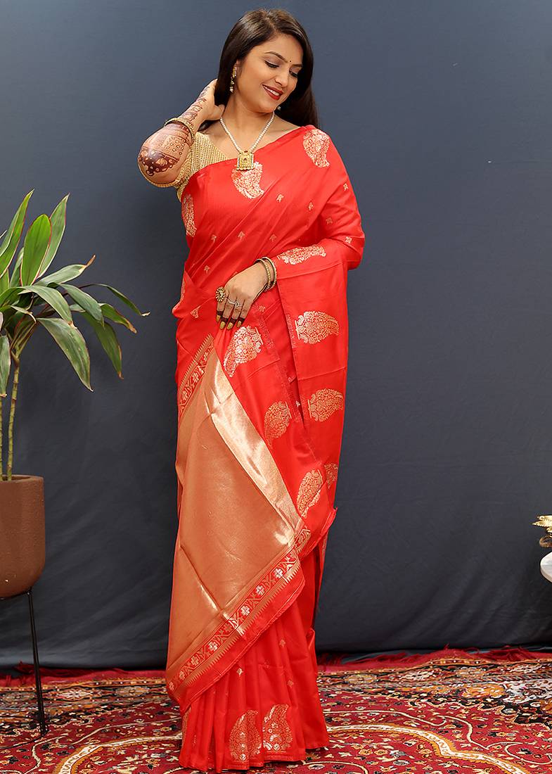 Red silk blend banarasi saree with golden zari buti and border