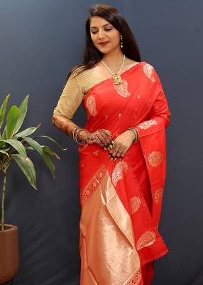 Red silk blend banarasi saree with golden zari buti and border 3