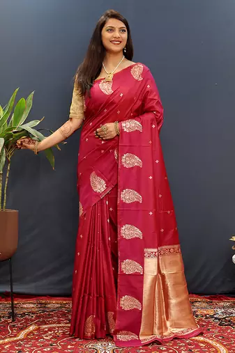 Rani pink silk blend banarasi saree with golden zari buti and border