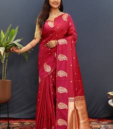 Rani pink silk blend banarasi saree with golden zari buti and border