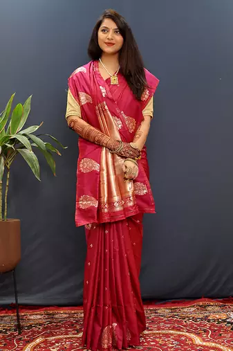 Rani pink silk blend banarasi saree with golden zari buti and border