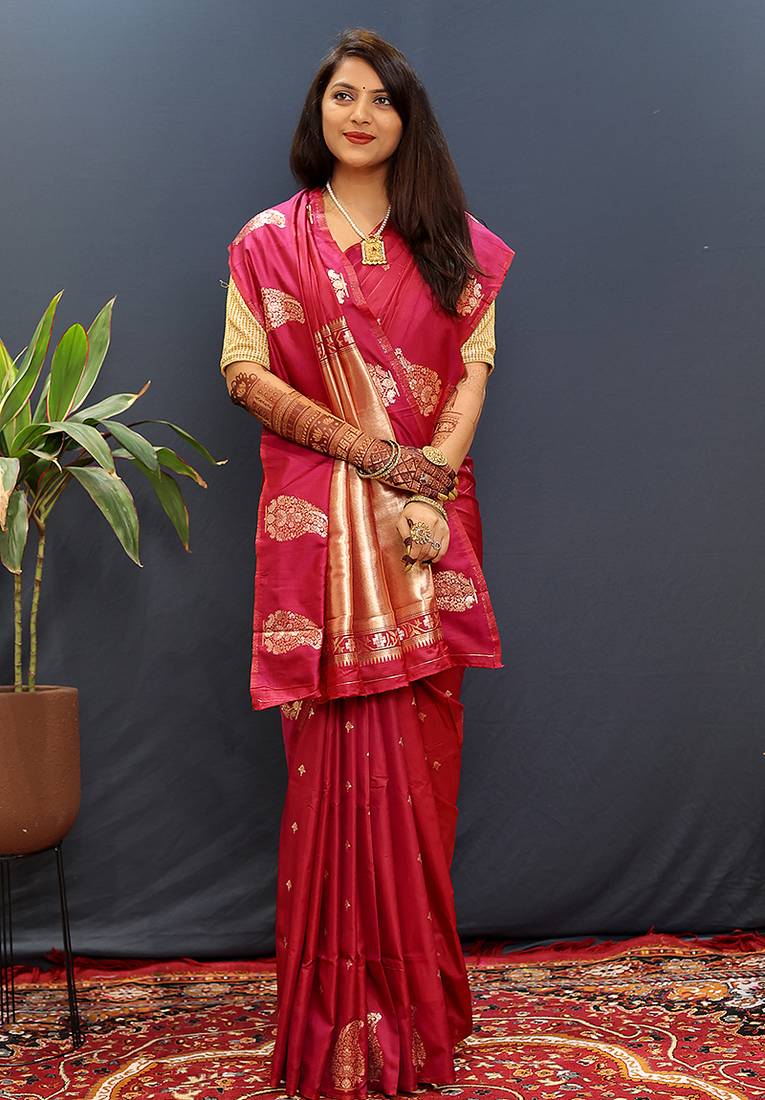 Rani pink silk blend banarasi saree with golden zari buti and border