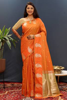 Orange silk blend banarasi saree with golden zari buti and border 2
