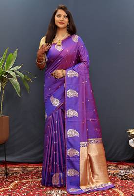 Purple silk blend banarasi saree with golden zari buti and border 1