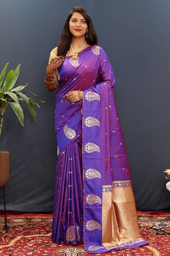 Purple silk blend banarasi saree with golden zari buti and border