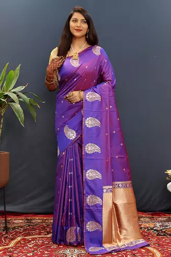 Purple silk blend banarasi saree with golden zari buti and border