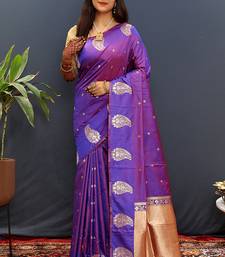 Purple silk blend banarasi saree with golden zari buti and border