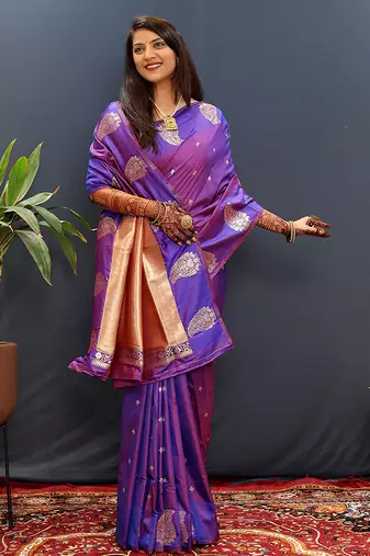 Purple silk blend banarasi saree with golden zari buti and border