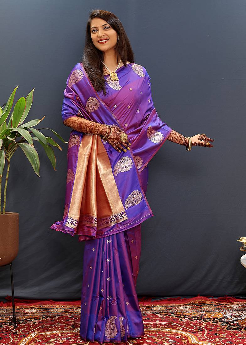Purple silk blend banarasi saree with golden zari buti and border