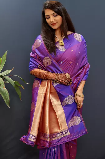 Purple silk blend banarasi saree with golden zari buti and border