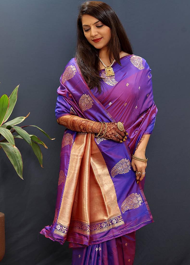 Purple silk blend banarasi saree with golden zari buti and border