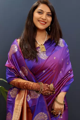 Purple silk blend banarasi saree with golden zari buti and border