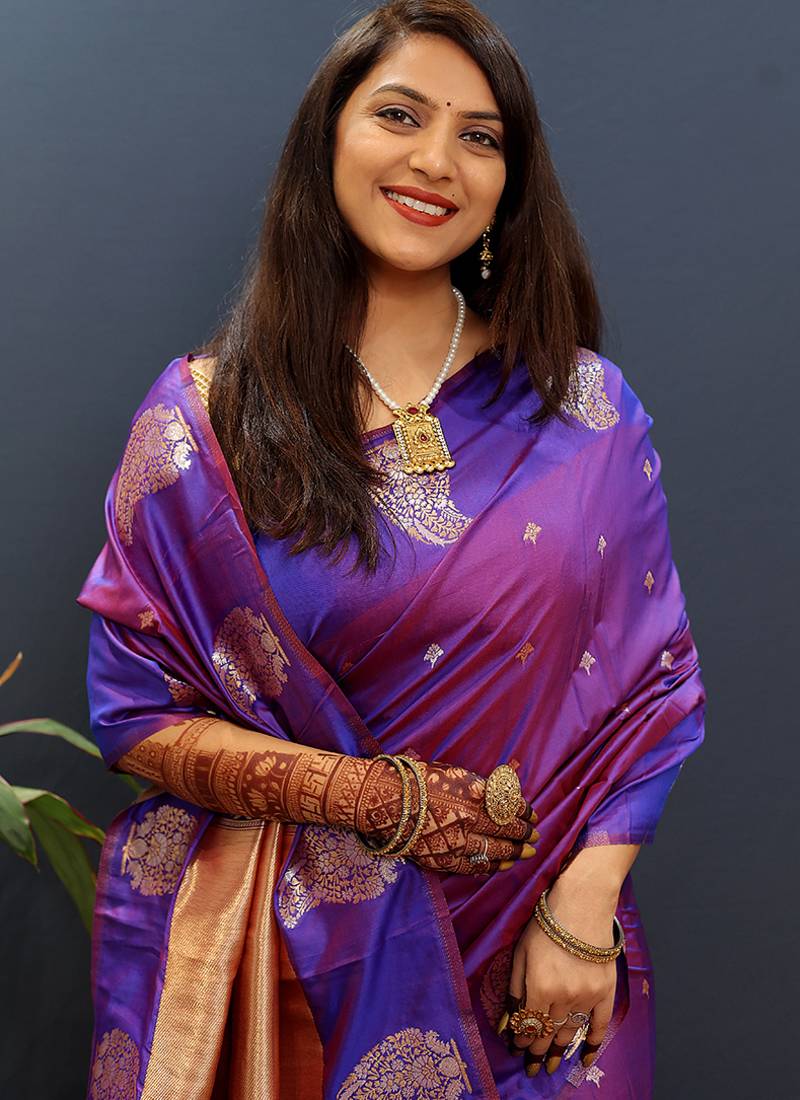 Purple silk blend banarasi saree with golden zari buti and border