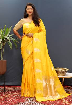 Mustard yellow silk blend banarasi saree with golden zari buti and border 1