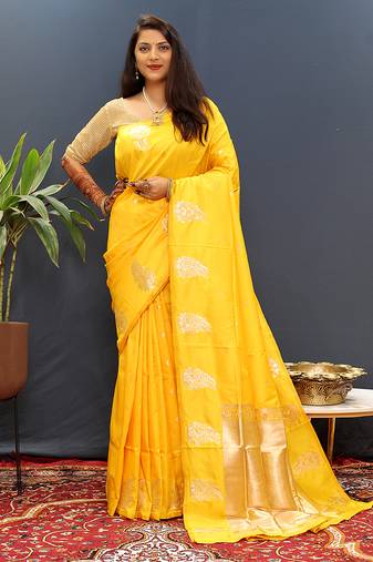 Mustard yellow silk blend banarasi saree with golden zari buti and border