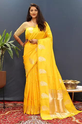 Mustard yellow silk blend banarasi saree with golden zari buti and border