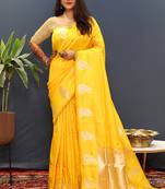 Mustard yellow silk blend banarasi saree with golden zari buti and border