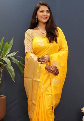 Mustard yellow silk blend banarasi saree with golden zari buti and border 3