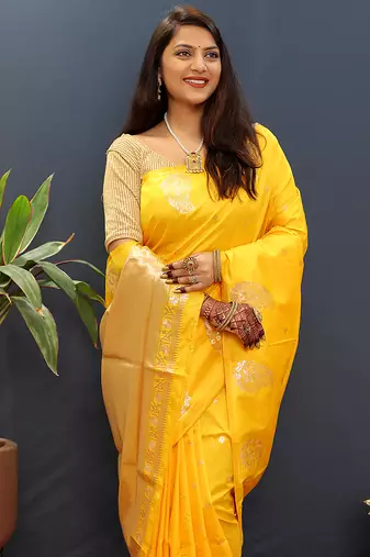 Mustard yellow silk blend banarasi saree with golden zari buti and border