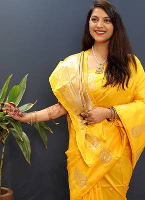 Mustard yellow silk blend banarasi saree with golden zari buti and border 4