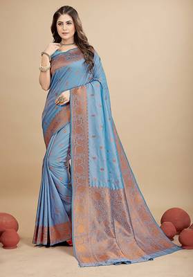 Sky blue silk blend banarasi saree with copper zari weaving, floral border 1