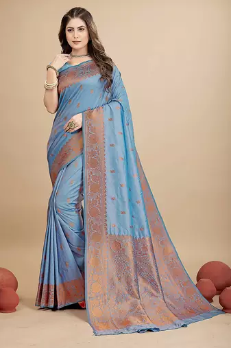 Sky blue silk blend banarasi saree with copper zari weaving, floral border