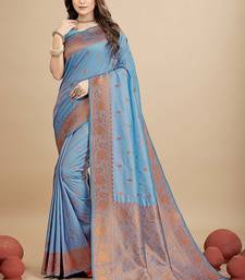 Sky blue silk blend banarasi saree with copper zari weaving, floral border