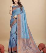 Sky blue silk blend banarasi saree with copper zari weaving, floral border