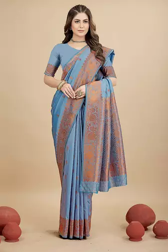 Sky blue silk blend banarasi saree with copper zari weaving, floral border