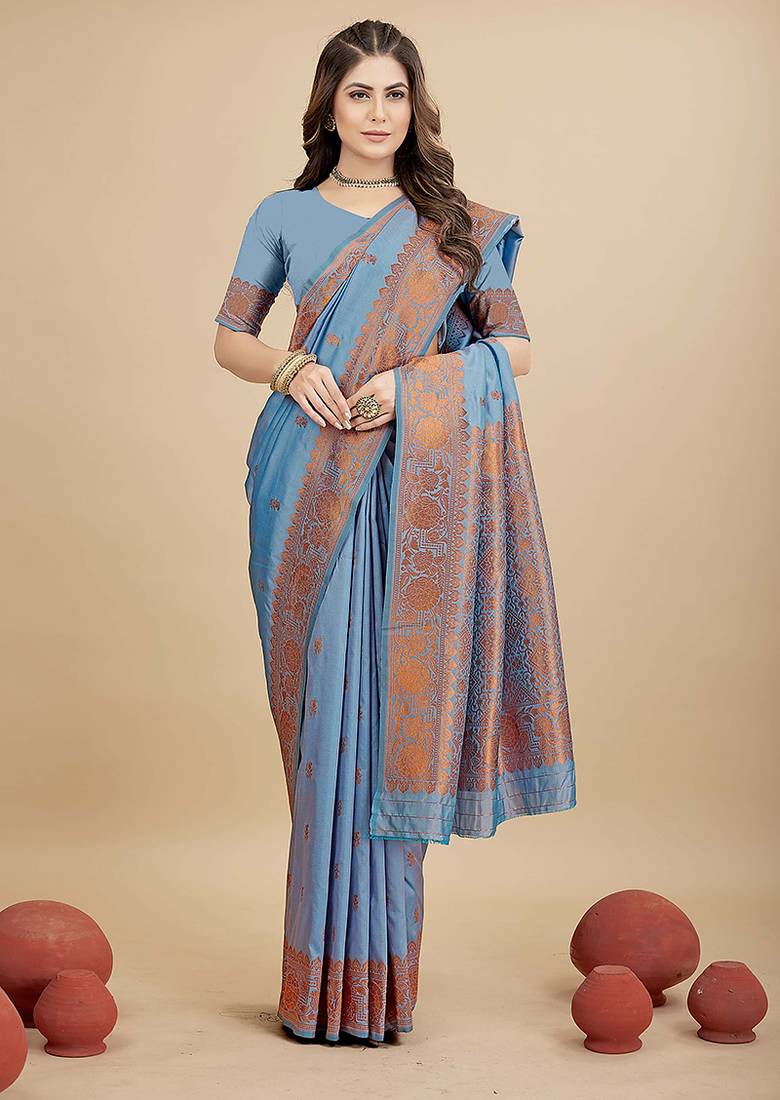 Sky blue silk blend banarasi saree with copper zari weaving, floral border