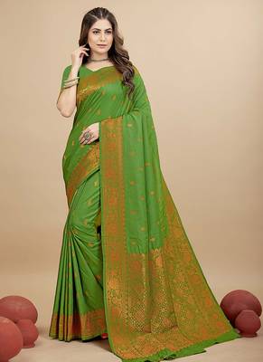 Green silk blend banarasi saree with copper zari weaving, floral border 1