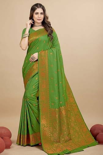 Green silk blend banarasi saree with copper zari weaving, floral border