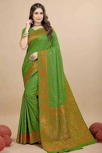 Green silk blend banarasi saree with copper zari weaving, floral border