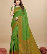 Green silk blend banarasi saree with copper zari weaving, floral border