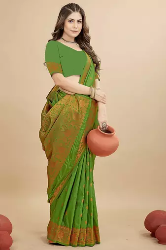 Green silk blend banarasi saree with copper zari weaving, floral border