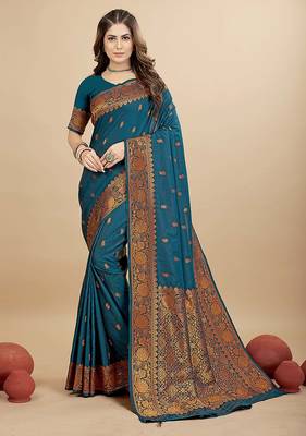 Teal blue silk blend banarasi saree with copper zari weaving, floral border 1