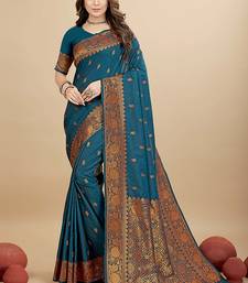 Teal blue silk blend banarasi saree with copper zari weaving, floral border