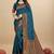 Teal blue silk blend banarasi saree with copper zari weaving, floral border