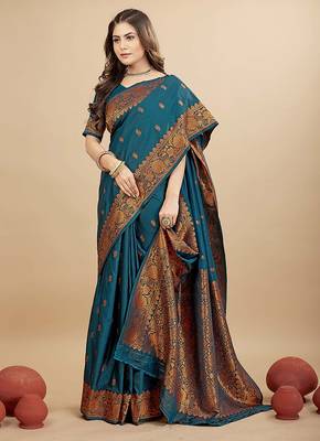 Teal blue silk blend banarasi saree with copper zari weaving, floral border 2