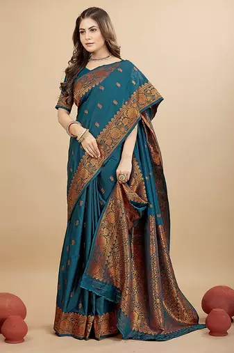 Teal blue silk blend banarasi saree with copper zari weaving, floral border