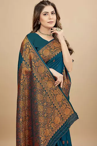 Teal blue silk blend banarasi saree with copper zari weaving, floral border