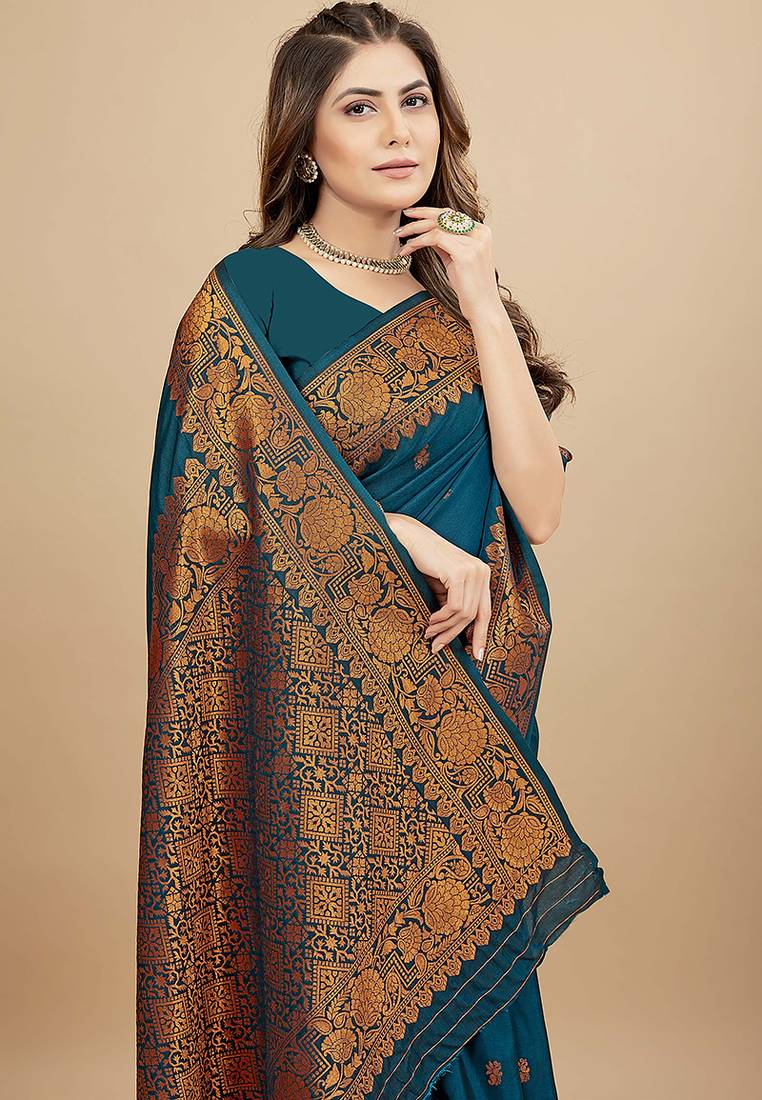 Teal blue silk blend banarasi saree with copper zari weaving, floral border