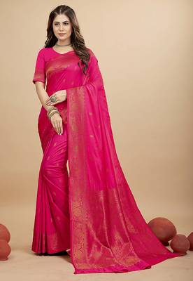 Rani pink silk blend banarasi saree with copper zari weaving, floral border 1