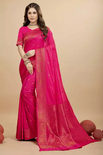 Rani pink silk blend banarasi saree with copper zari weaving, floral border