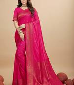 Rani pink silk blend banarasi saree with copper zari weaving, floral border
