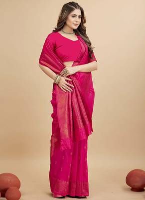 Rani pink silk blend banarasi saree with copper zari weaving, floral border 2