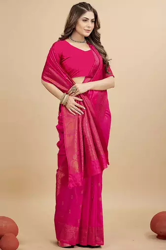 Rani pink silk blend banarasi saree with copper zari weaving, floral border