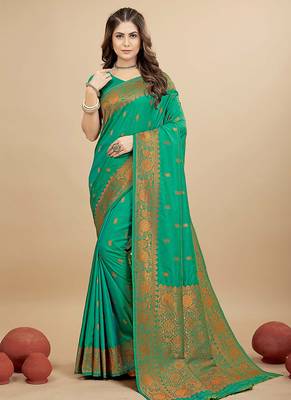 Sea green silk blend banarasi saree with copper zari weaving, floral border 1