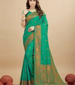 Sea green silk blend banarasi saree with copper zari weaving, floral border