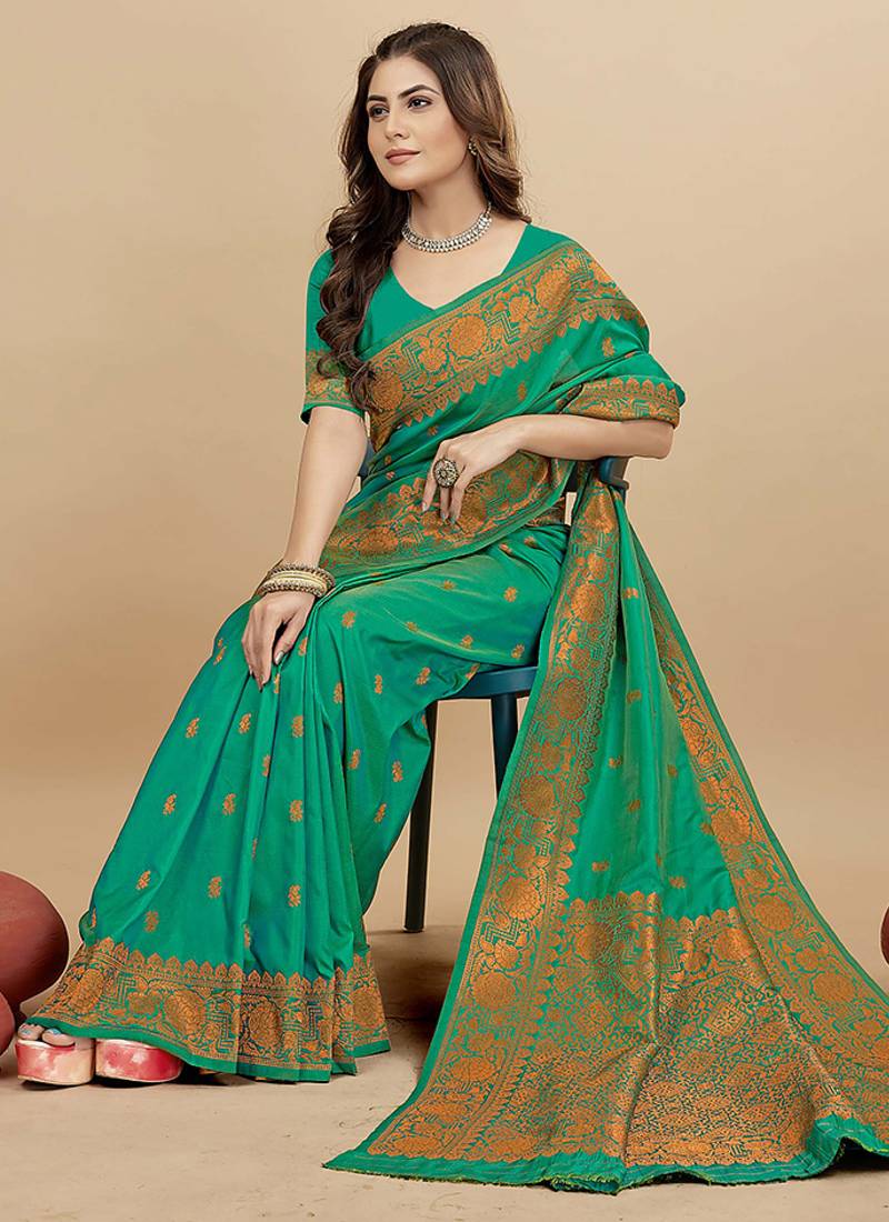 Sea green silk blend banarasi saree with copper zari weaving, floral border
